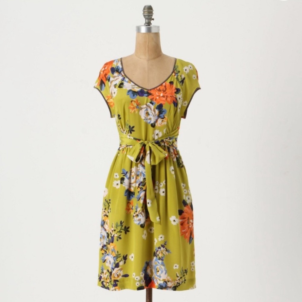 ANTHRO MOULINETTE SOEURS Green Silk Floral Dress 2